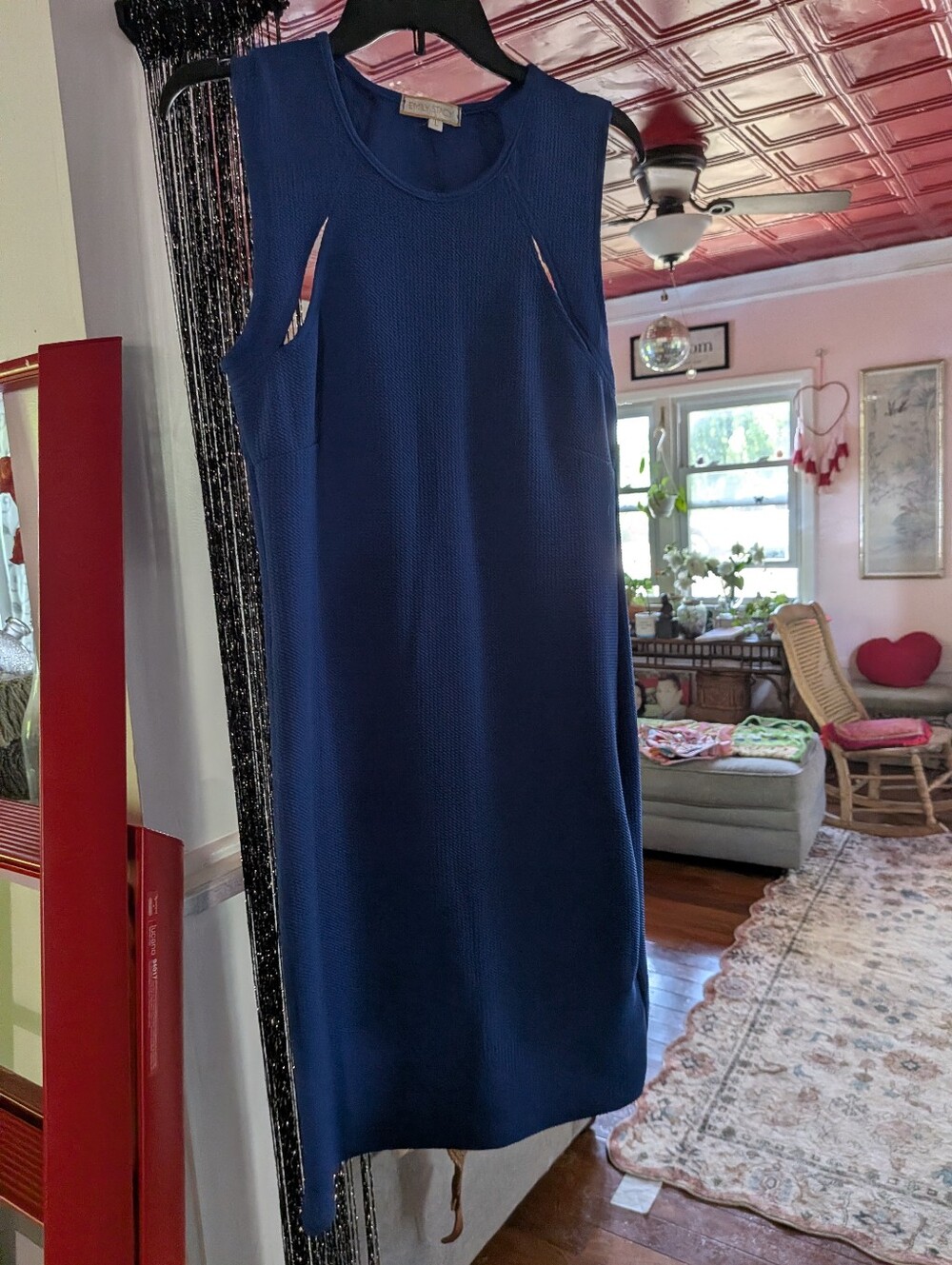 Sleeveless Navy Midi Knit Dress with Shoulder Cutouts